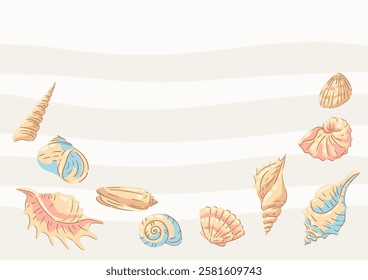 Background with seashells. Tropical underwater mollusk shells illustration.