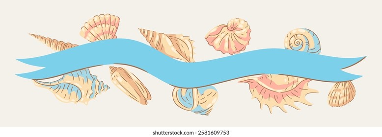 Background with seashells. Tropical underwater mollusk shells illustration.