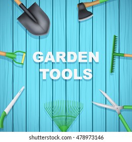 Background of Season Garden tools on blue wood backdrop. Taking care of a garden or a farm. Vector Illustration