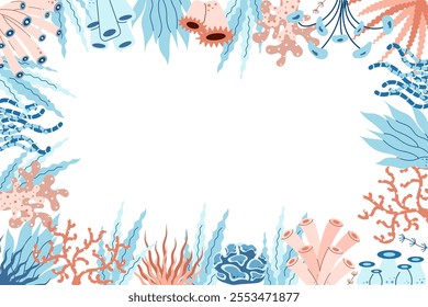 Background with seaweed, corals and algae. Place for text. Underwater world and ocean exotic. Vector illustration