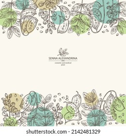 Background with senna alexandrina: leaves, senna alexandrina flowers and pod. Cosmetic, perfumery and medical plant. Vector hand drawn illustration.