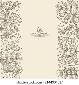 Background with senna alexandrina: leaves, senna alexandrina flowers and pod. Cosmetic, perfumery and medical plant. Vector hand drawn illustration.