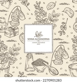 Background with senna alexandrina: leaves, senna alexandrina flowers and pod. Oil, soap and bath salt . Cosmetics and medical plant. Vector hand drawn illustration