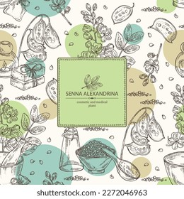 Background with senna alexandrina: leaves, senna alexandrina flowers and pod. Oil, soap and bath salt . Cosmetics and medical plant. Vector hand drawn illustration