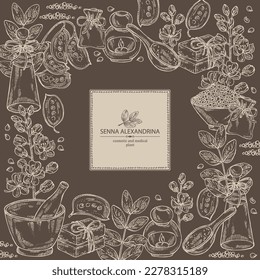 Background with senna alexandrina: leaves, senna alexandrina flowers and pod. Oil, soap and bath salt . Cosmetics and medical plant. Vector hand drawn illustration