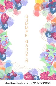fondo con bayas y textura acuarela de rosa, amarillo, azul y violeta.  Plantilla de arte abstracto con contornos topográficos abstractos de oro y blanco líneas de montañas. 