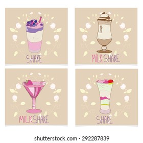 background with set of cards with milkshakes on floral background