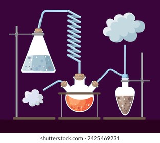 Background with a set of chemical equipment for experiments, vials, glass flask, test tubes with substance and reagents. School chemistry laboratory, illustration of the teaching concept.