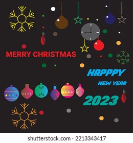  Background set of christmas baubles and happy new year 2023.Set of Christmas and New Year holiday gift cards. Xmas banners, web poster, flyers and brochures, greeting cards, group bright covers.
