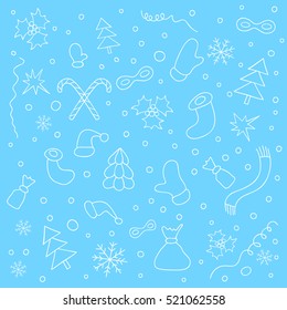 Background with set of Christmas things. Hand drawn holiday New Year pattern. Design element for cover, print, web, wrapping. Vector illustration

