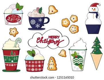 background of a set of colorful delicious cupcakes, cakes, desserts, ice cream with Christmas and new year decorations.flat style. Vector. elements for the new year, holiday cards, greeting cards