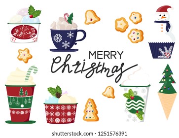 background of a set of colorful delicious cupcakes, cakes, desserts, ice cream with Christmas and new year decorations.flat style. Vector. elements for the new year, holiday cards, greeting cards