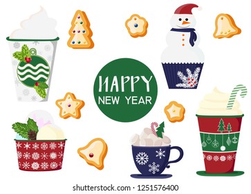 background of a set of colorful delicious cupcakes, cakes, desserts, ice cream with Christmas and new year decorations.flat style. Vector. elements for the new year, holiday cards, greeting cards