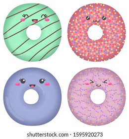 Background with set of cute donut on white background. Kawaii food print. 