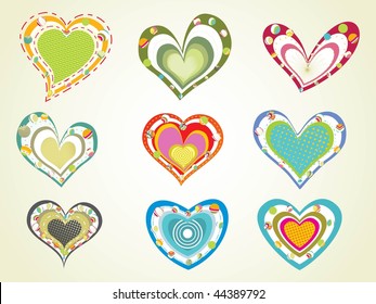 background with set of decorated colorful hearts