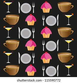 background set of drinks and food on a black, vector