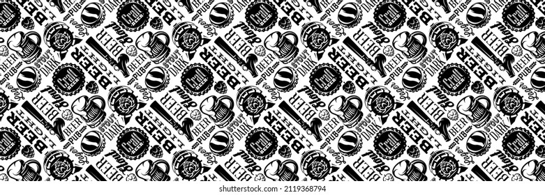 Background with a set of elements and inscriptions on the theme of beer. Monochrome vector illustration.