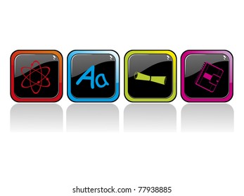 background with set of four colorful glossy education icons