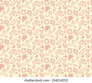 Background of a set of Fruits and Sweets.Background of Candy, Grapes, Ice Cream, Melons, Strawberries. Background. Napkin.Seamless Texture of Fruits and Sweets