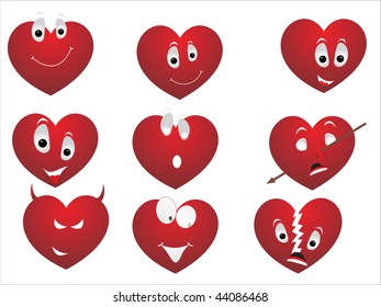 background with set of funky red heart making face