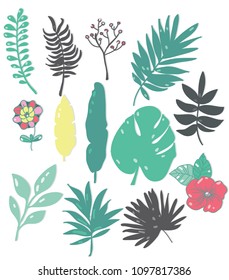 background with a set of green and gray leaves of different shapes