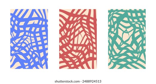 Background set Groovy hippie 70s. Grid line, swirl, twirl pattern. Grid Twisted and distorted vector background texture, trendy retro psychedelic style. Y2k aesthetic background.