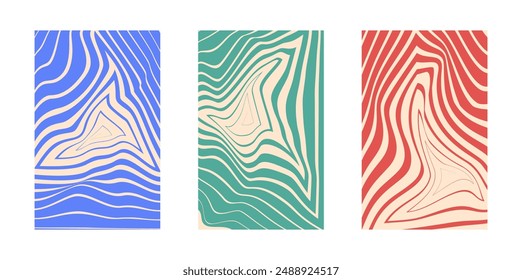 Background set Groovy hippie 70s. Triangle, swirl, twirl pattern. Triangle Twisted and distorted vector background texture, trendy retro psychedelic style. Y2k aesthetic background.