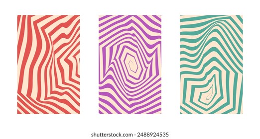 Background set Groovy hippie 70s. Hexagon, swirl, twirl pattern. Twisted and distorted vector background texture, trendy retro psychedelic style. Y2k aesthetic background.