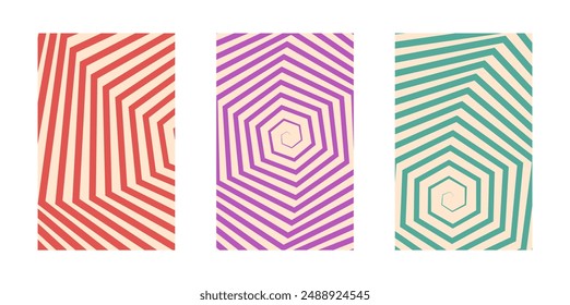 Background set Groovy hippie 70s. Hexagon pattern. geometry vector background texture, trendy retro psychedelic style. Y2k aesthetic background.