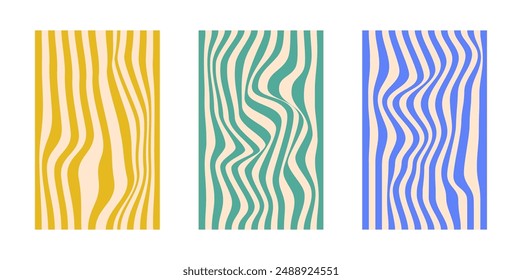 Background set Groovy hippie 70s. Line, twirl pattern. Twisted and distorted vector background texture, trendy retro psychedelic style. Y2k aesthetic background.