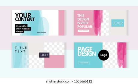 Background set horizontal banner templates with frame for images. Happy modern style with pink paint spots and aquamarine elements.