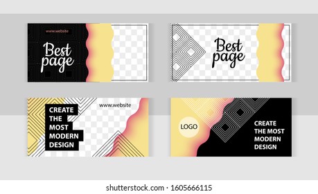 Background set horizontal banner templates with frame for images. Modern style in the form of beautiful yellow waves and geometric lines. 
