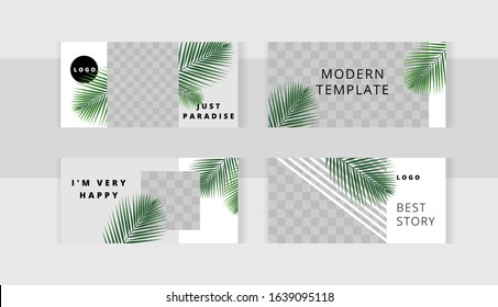 Background set horizontal banner templates with frame for images
Green tropic fan leaf on white background. Beautiful palm branches. 
Cozy light design.
