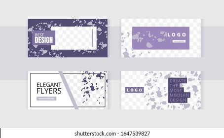 Background set horizontal banner templates with frame for images. Violet stripes and spots of paint. 