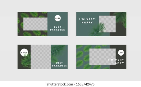 Background set horizontal banner templates with frame for images. Green tropic fan leaf on dark green and black background. Beautiful palm.