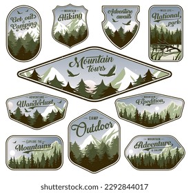 Background set or landscape for adventure, explorer outdoor or wanderlust. Nature design of camping with forest and mountain