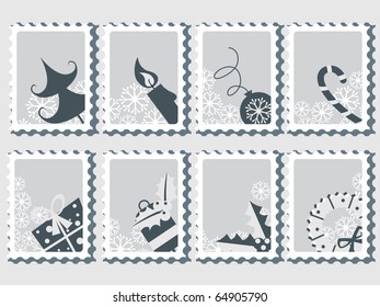 Hintergrund mit Satz fröhlicher Weihnachtsstempel, Vektorgrafik