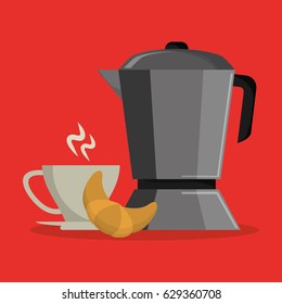 background set metallic jar with porcelain cup of coffee and croissant