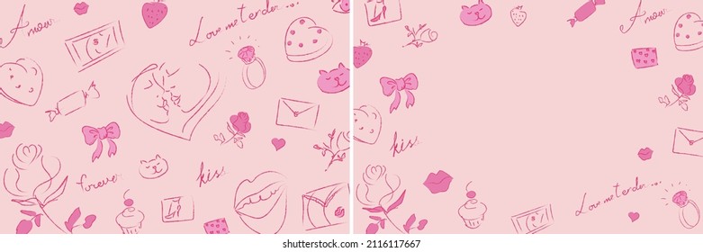 Conjunto de fondo, dibujo de línea rosada desnuda. Patrón: pareja de besos, corazón, rosa, amor, flores, dulces, regalos, caramelos, sobres, gatos, fresas, anillo de compromiso de diamantes. 2 partes. Día de San Valentín.