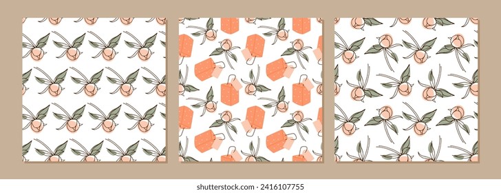 El fondo está decorado con flores de peonía. Tres conjuntos de patrones. Un entorno de vacaciones sin inconvenientes. Ilustración de amor de color de cada color. Patrones impecables con brote de peonía. Ilustración de papel pintado, papel envasado, textil