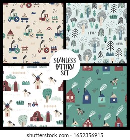 Background set. Seamless patterns with farm, trees, horses, mills. Nature landscape concept. Forest. Perfect for kids fabric, textile, nursery wallpaper. Seamless landscape.