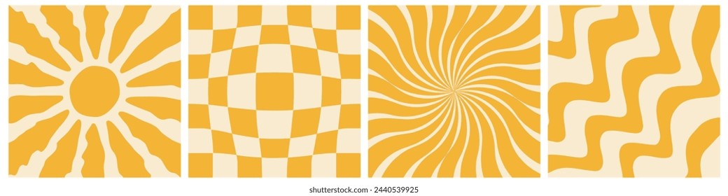 Background set with sun in 60s, 70s hippie style. Groovy retro yellow waves, checkerboard, sunburst starburst with ray of light collection. Trendy colorful graphic print. Flat design. Vector