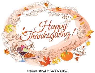 Background of a set table with different dishes for the holiday Thanksgiving. Hand drawn vector illustration.