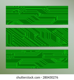 background - set of three banners, stylized representation of a computer circuit board closeup, green. Vector illustration. Editable vector. 