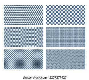Background set of traditional Japanese patterns in navy blue. Scale, checkered, arrow-gasuri, sankakuri, cloisonne, and iriko-hishi.