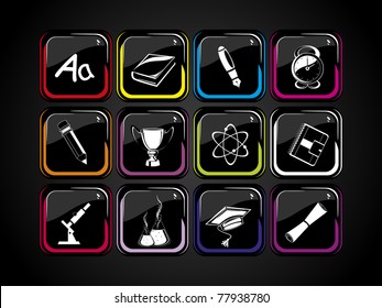 background with set of twelve colorful glossy education icons