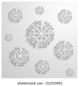 Background from a set of white snowflakes with long shadows, vector illustration.