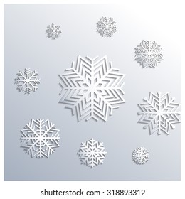 Background from a set of white snowflakes with long shadows, fourth part vector illustration.