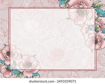 background with several blooming pink peonies, floral bottom layer and an empty space in the center. vector illustration of flower frame, card,  invitation, wedding card