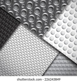 Background of several carbon fiber patterns in black and gray colors